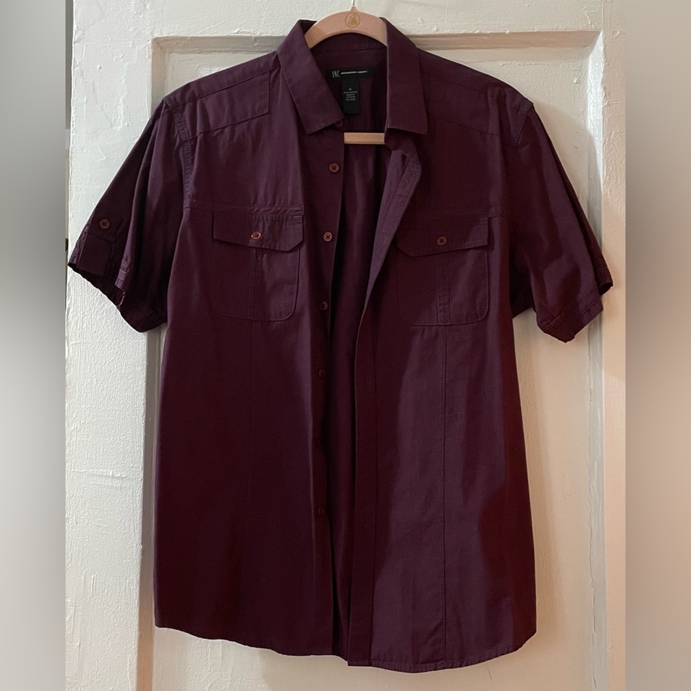 INC Men’s Burgundy Short Sleeve Button Shirt Size M
